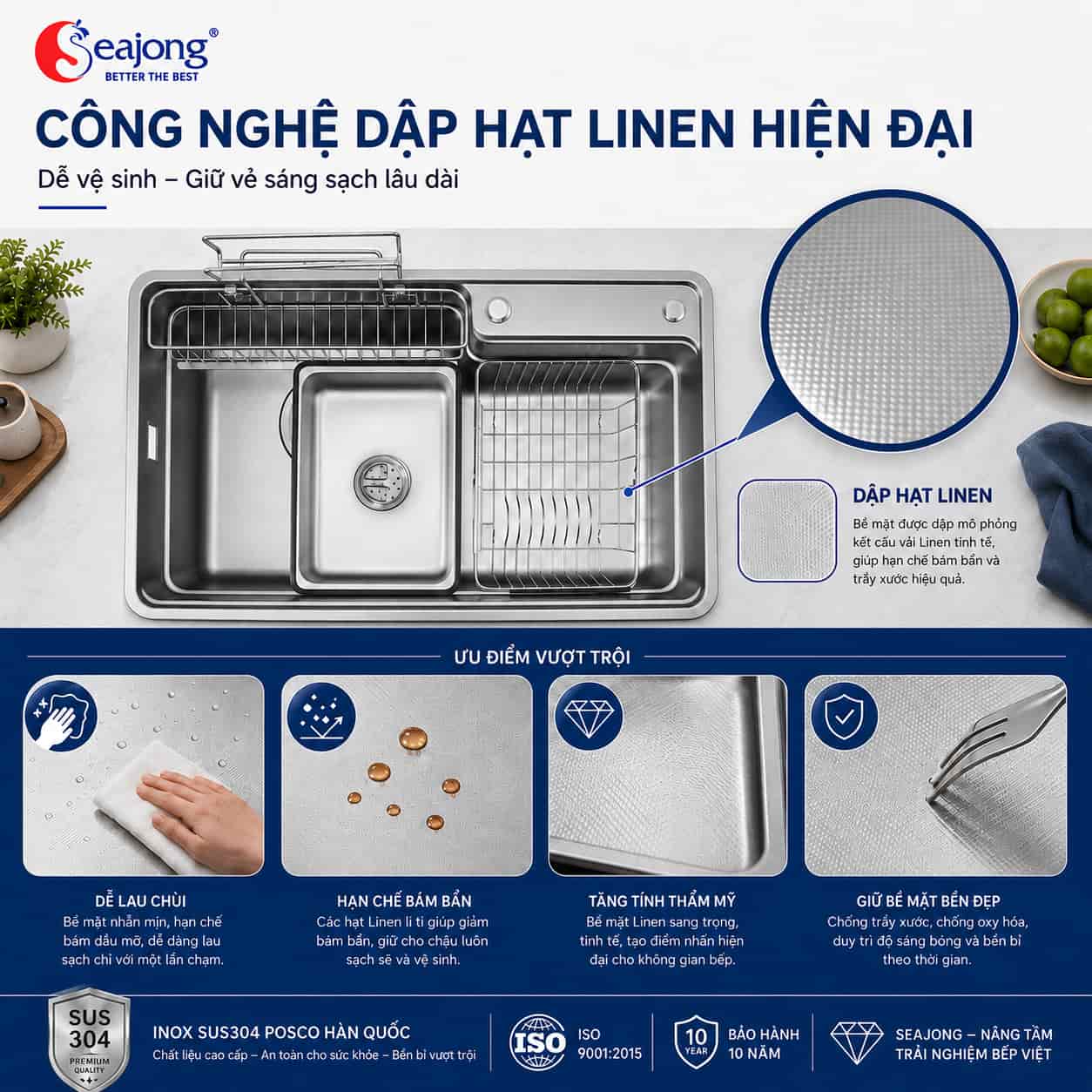 Bề mặt dập hạt Linen Chậu bếp một hố Seajong SJ-8048D