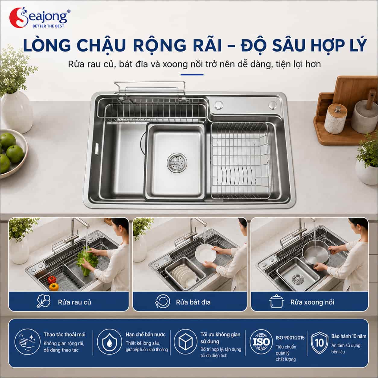 Lòng chậu rộng sâu 230mm của Chậu bếp một hố Seajong SJ-8048D