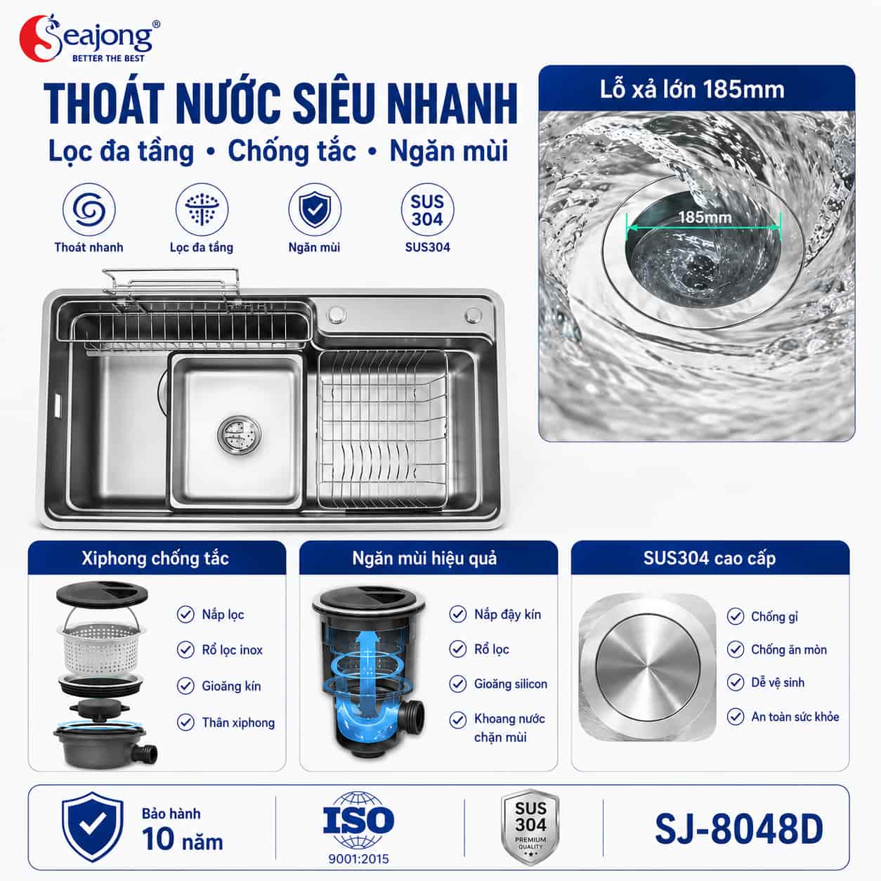 Hệ thống thoát nước 185mm Chậu bếp một hố Seajong SJ-8048D