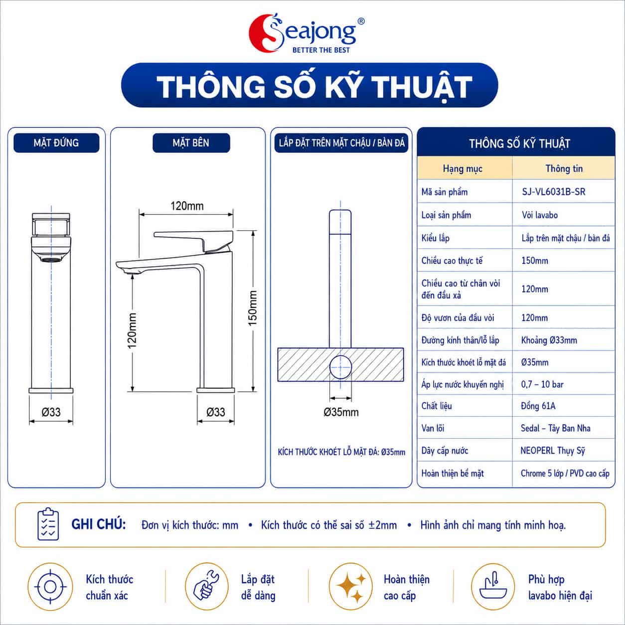 Thông số kỹ thuật vòi lavabo Seajong SJ-VL6031B-SR