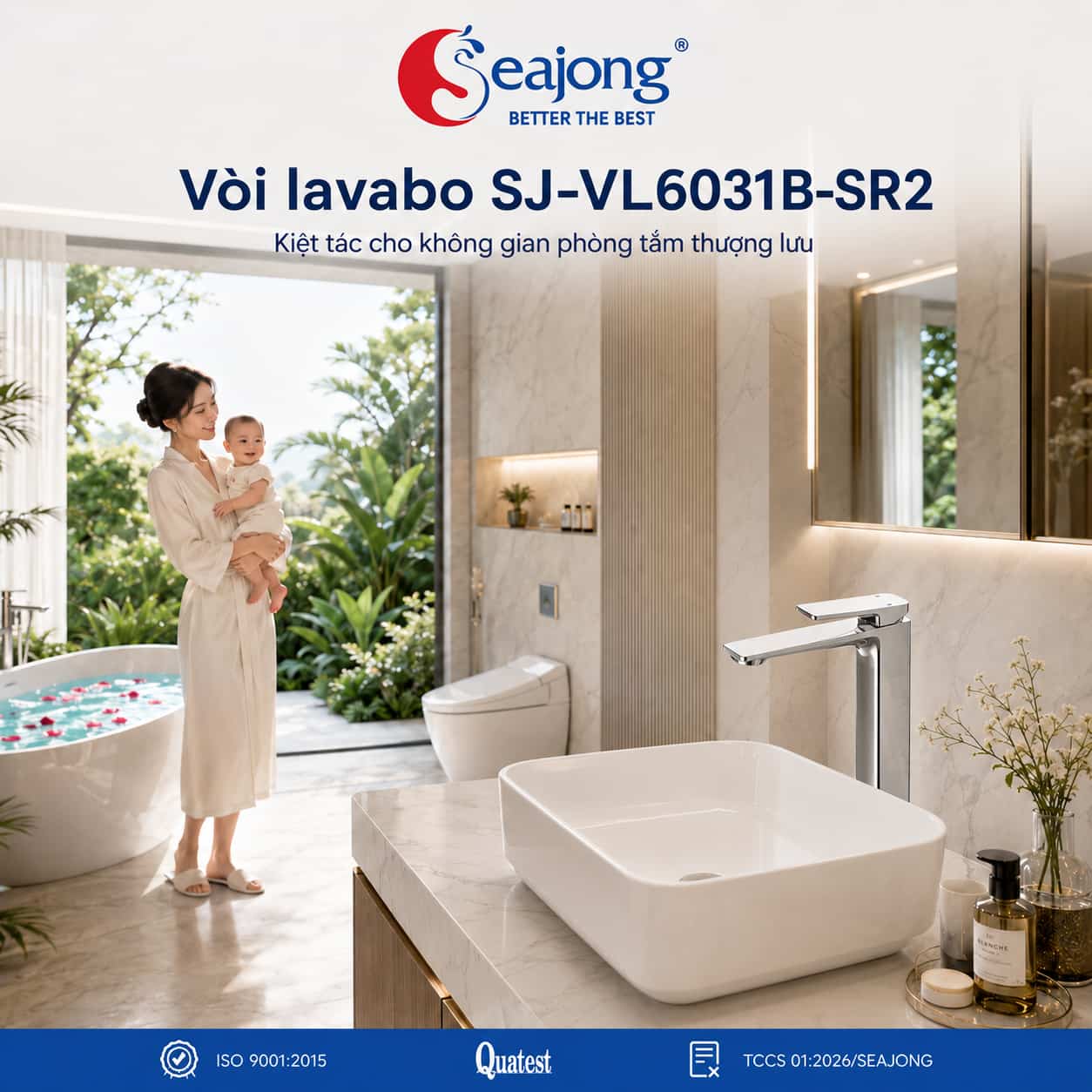 Vòi Lavabo mạ chrom Seajong SJ-VL6031B-SR2 trong không gian phòng tắm hiện đại