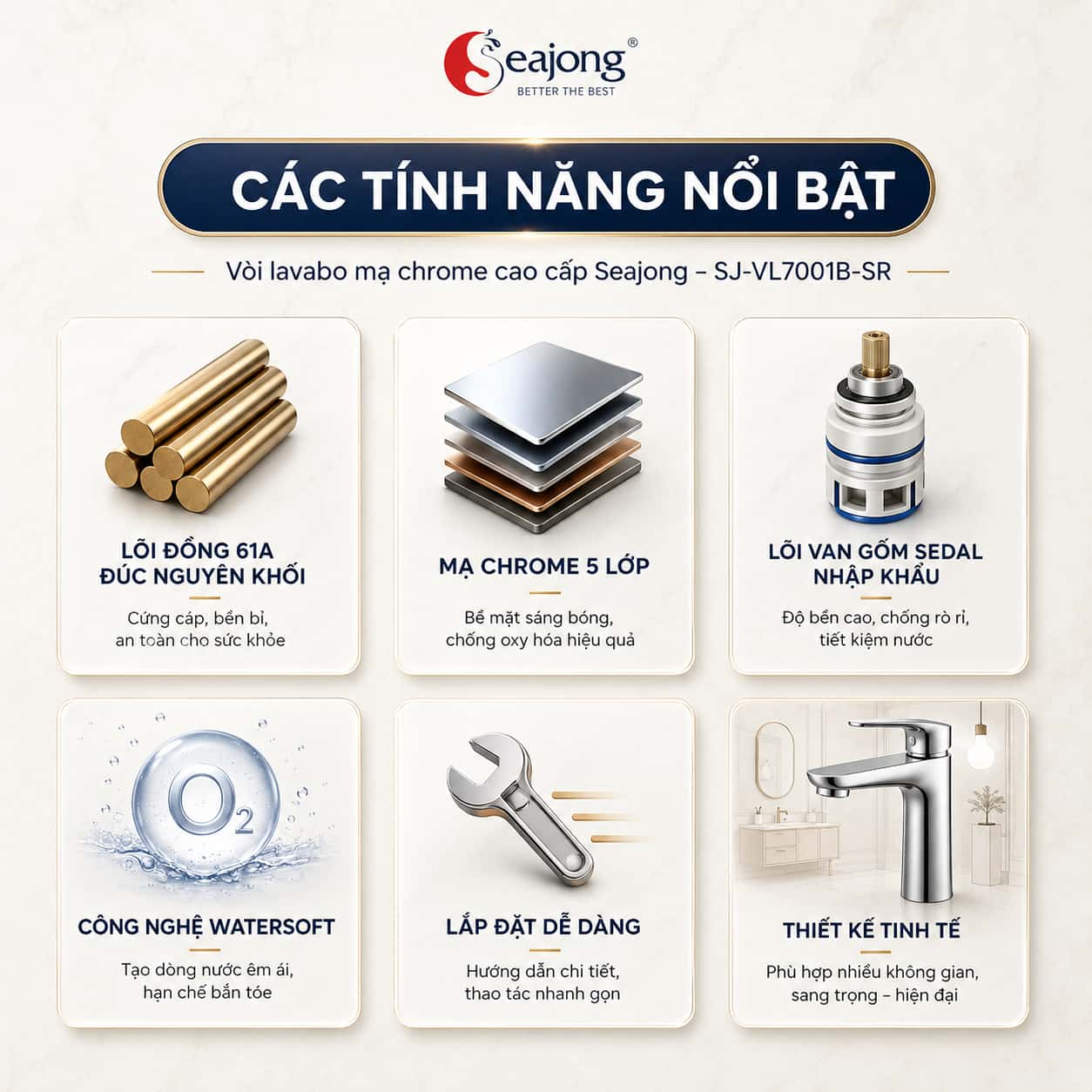 Các tính năng nổi bật của vòi lavabo Seajong SJ-VL7001B-SR