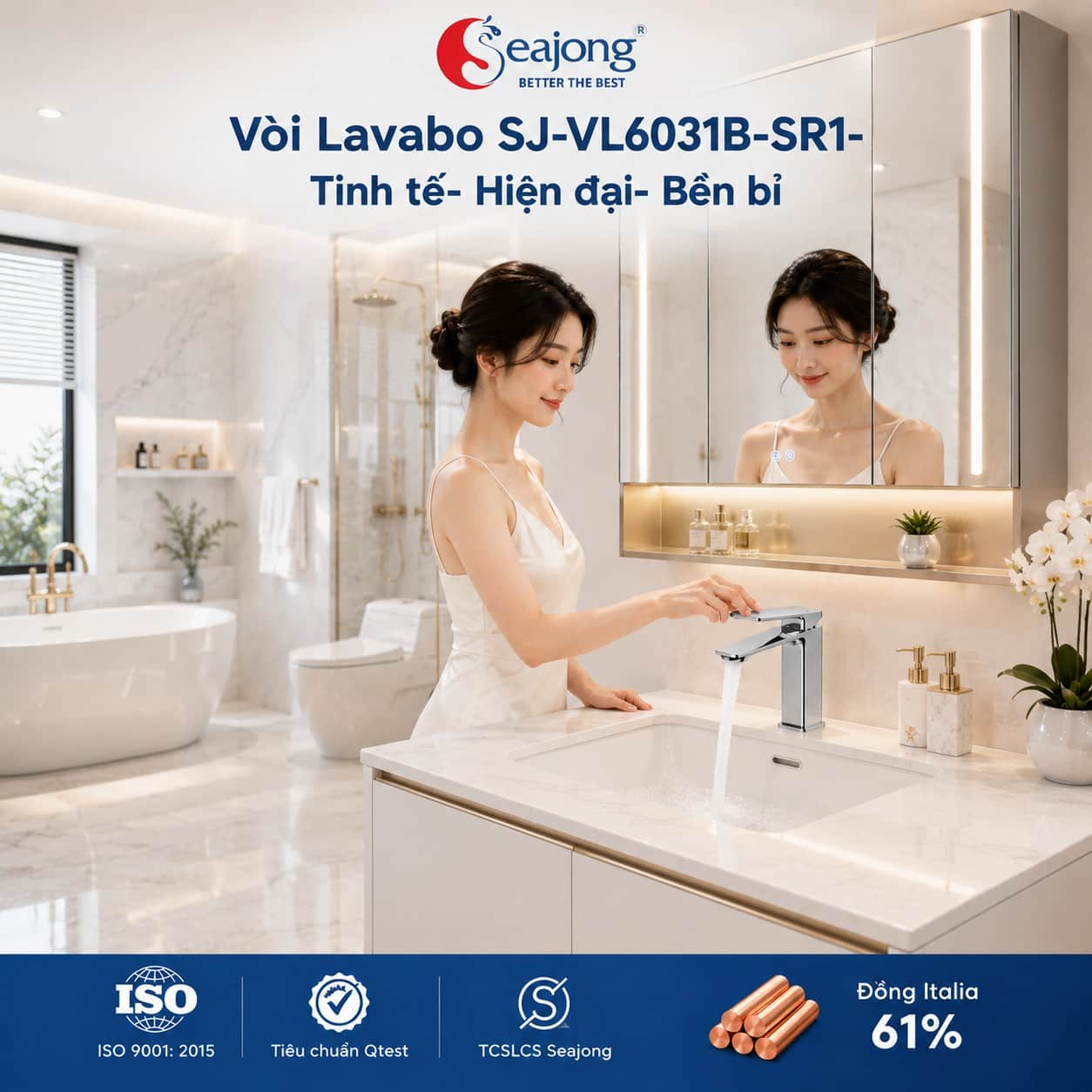 Vòi Lavabo mạ chrome Seajong SJ-VL6031B-SR1 trong không gian phòng tắm hiện đại