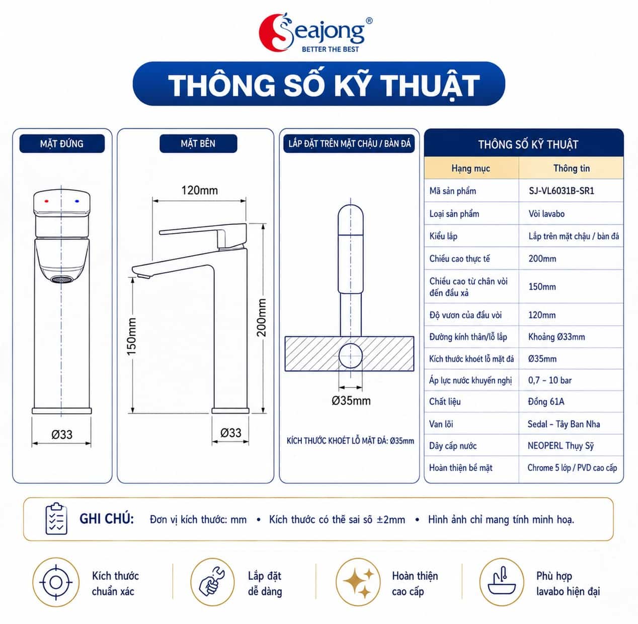 Thông số kỹ thuật vòi lavabo Seajong SJ-VL6031B-SR1