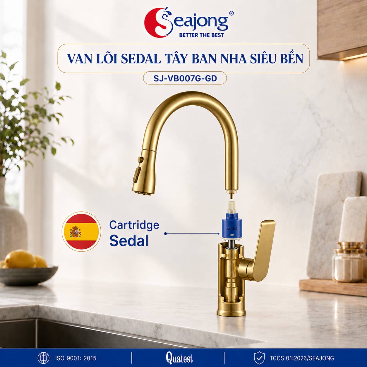 Lõi van SEDAL Tây Ban Nha của Vòi bếp dây rút Seajong SJ-VB007G-GD