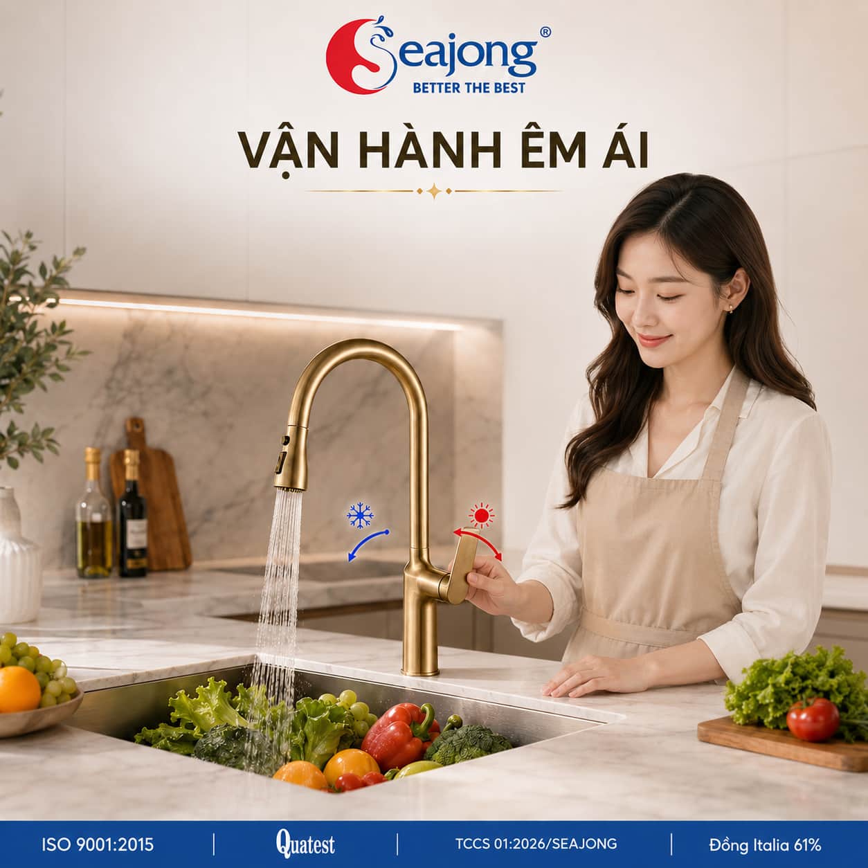 Điều chỉnh nóng lạnh trên Vòi bếp dây rút Seajong SJ-VB007G-GD