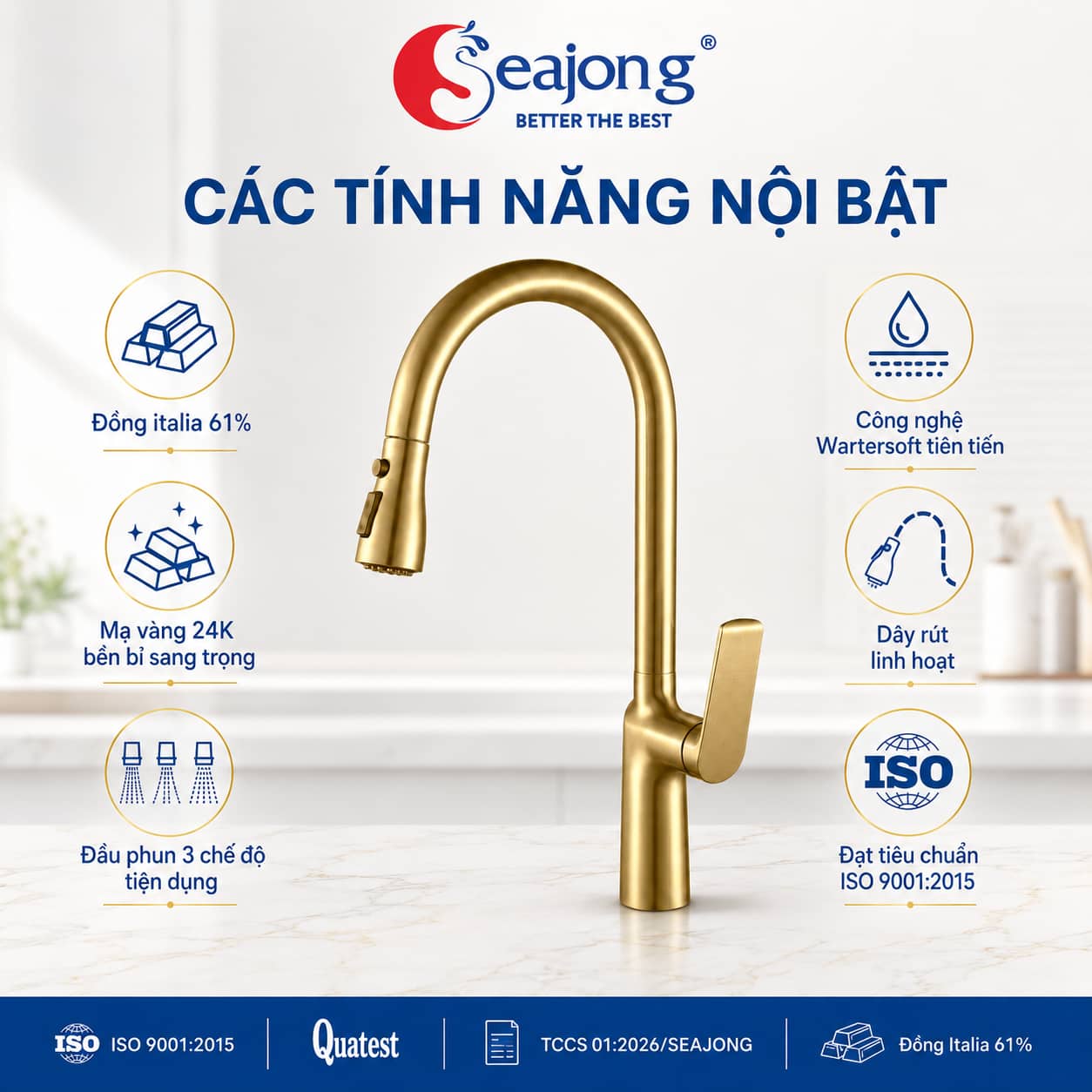 Các tính năng nổi bật của Vòi bếp dây rút Seajong SJ-VB007G-GD