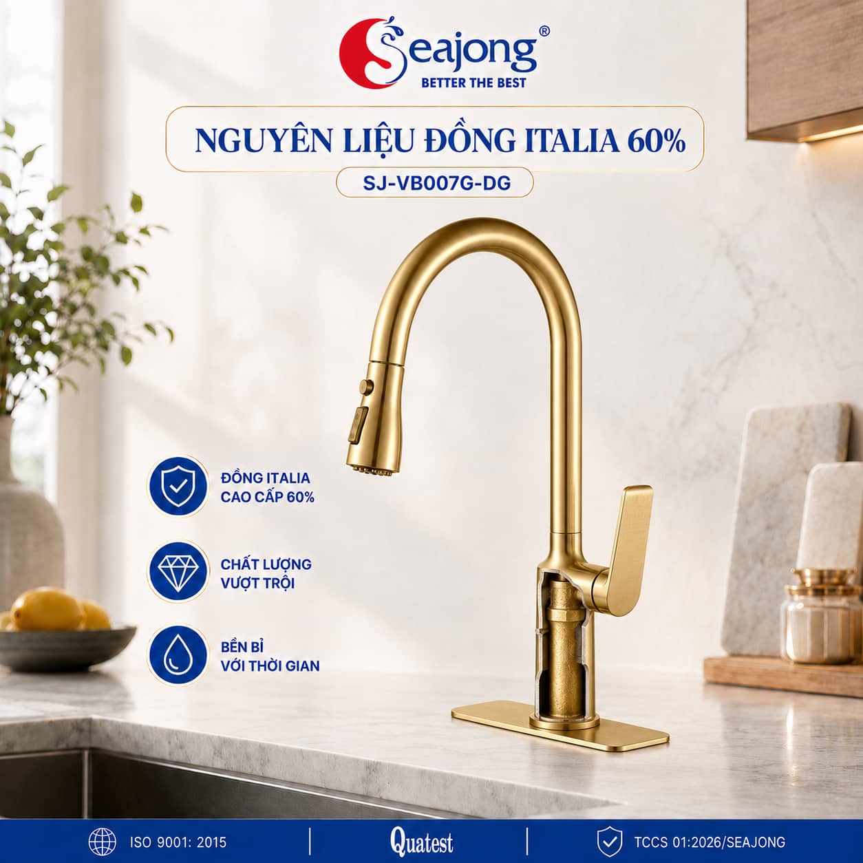 Cấu tạo vật liệu Vòi bếp dây rút Seajong SJ-VB007G-GD