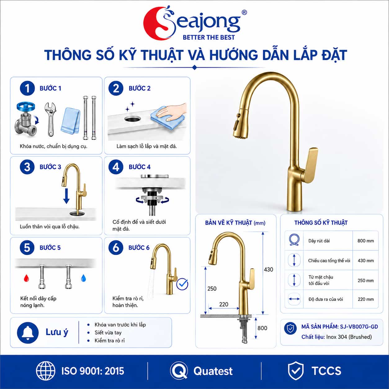 Hướng dẫn lắp đặt Vòi bếp dây rút Seajong SJ-VB007G-GD