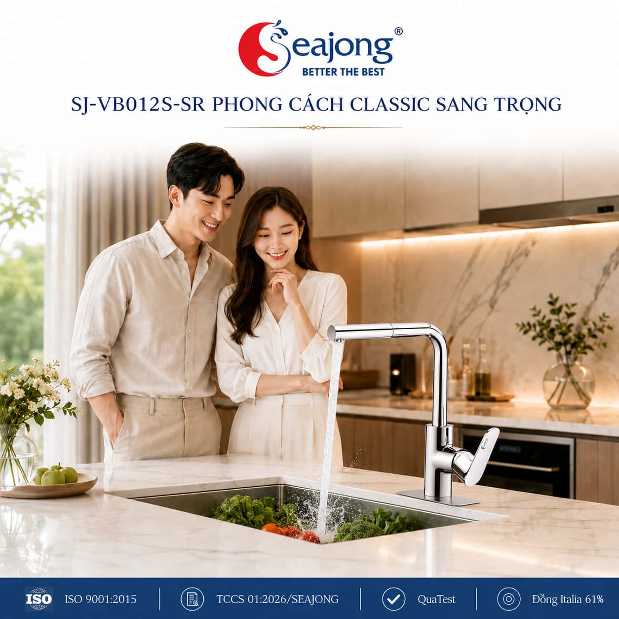Vòi bếp dây rút Seajong SJ-VB012S-SR phong cách Classic trong không gian bếp hiện đại