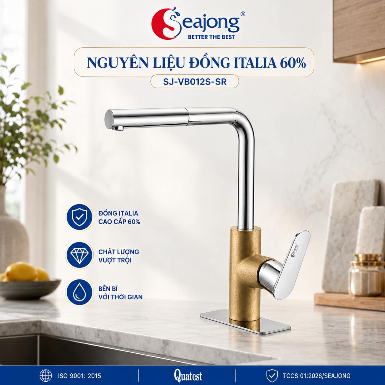 Thân đồng Italia của Vòi bếp dây rút Seajong SJ-VB012S-SR