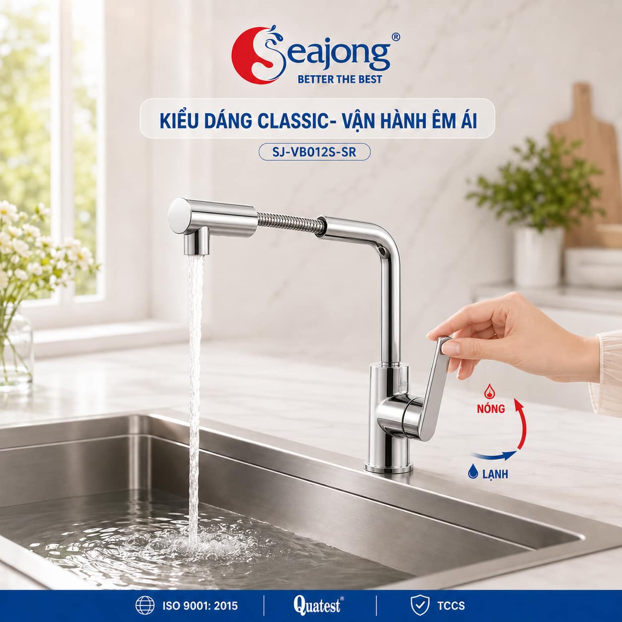 Cơ chế dây rút và nước nóng lạnh của Vòi bếp dây rút Seajong SJ-VB012S-SR