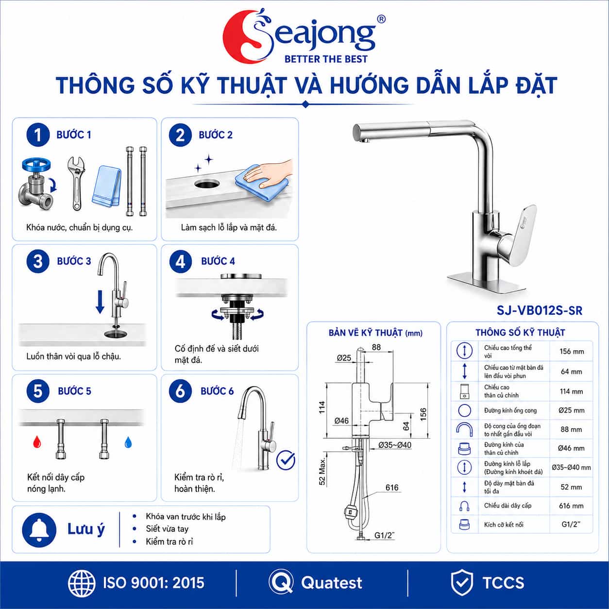 Kích thước và hướng dẫn lắp đặt Vòi bếp dây rút Seajong SJ-VB012S-SR