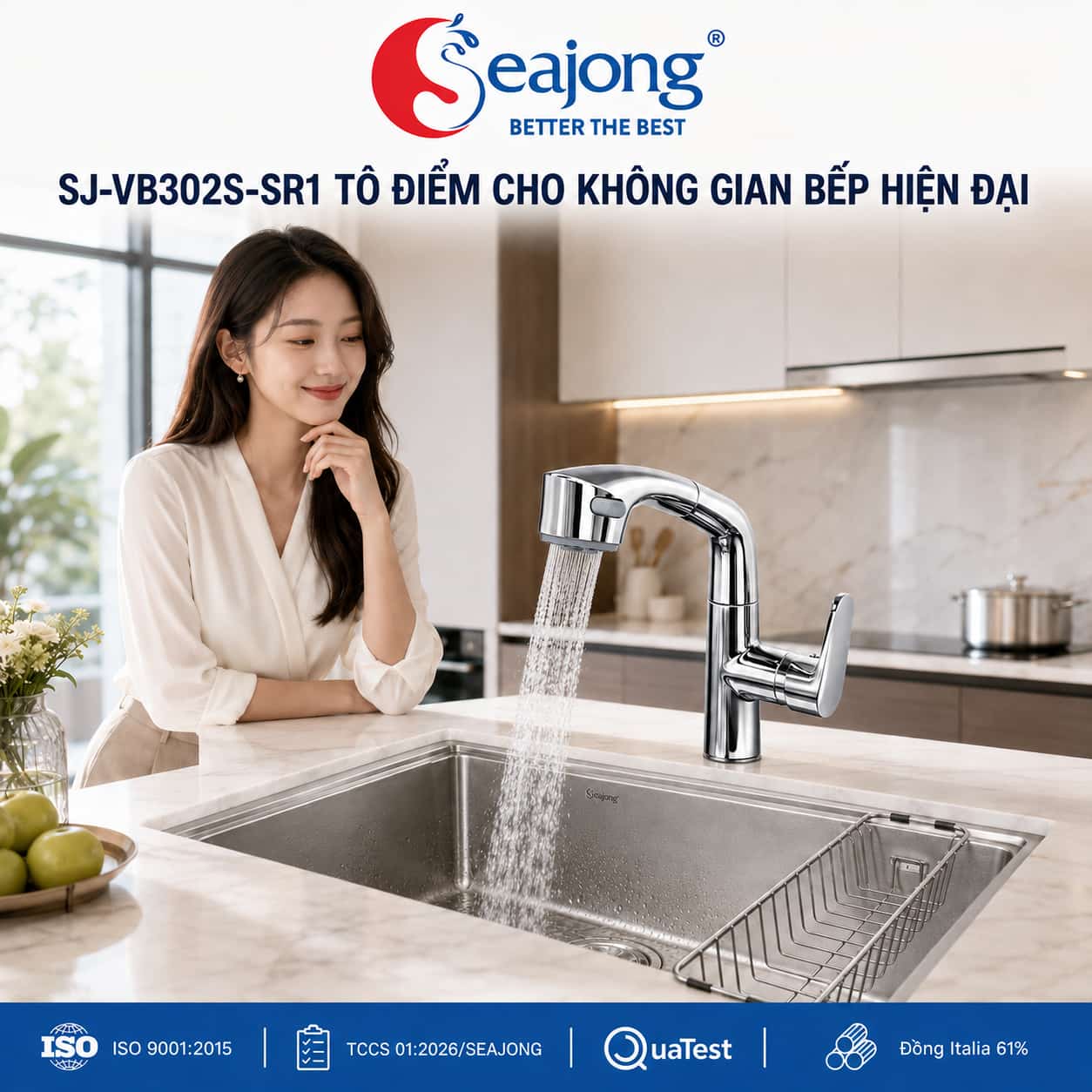 Vòi bếp dây rút Seajong SJ-VB302S-SR1 trong không gian bếp hiện đại