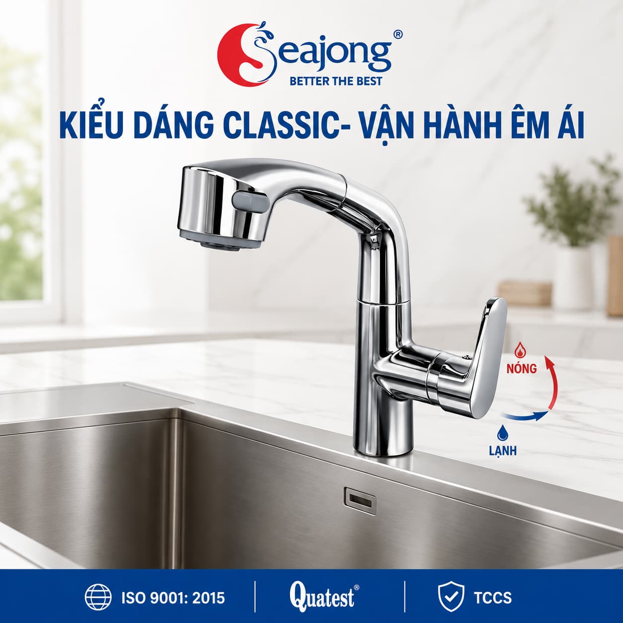 Điều chỉnh nóng lạnh trên vòi bếp dây rút Seajong SJ-VB302S-SR1