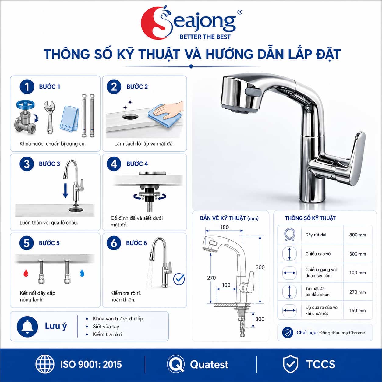 Hướng dẫn lắp đặt vòi bếp dây rút Seajong SJ-VB302S-SR1