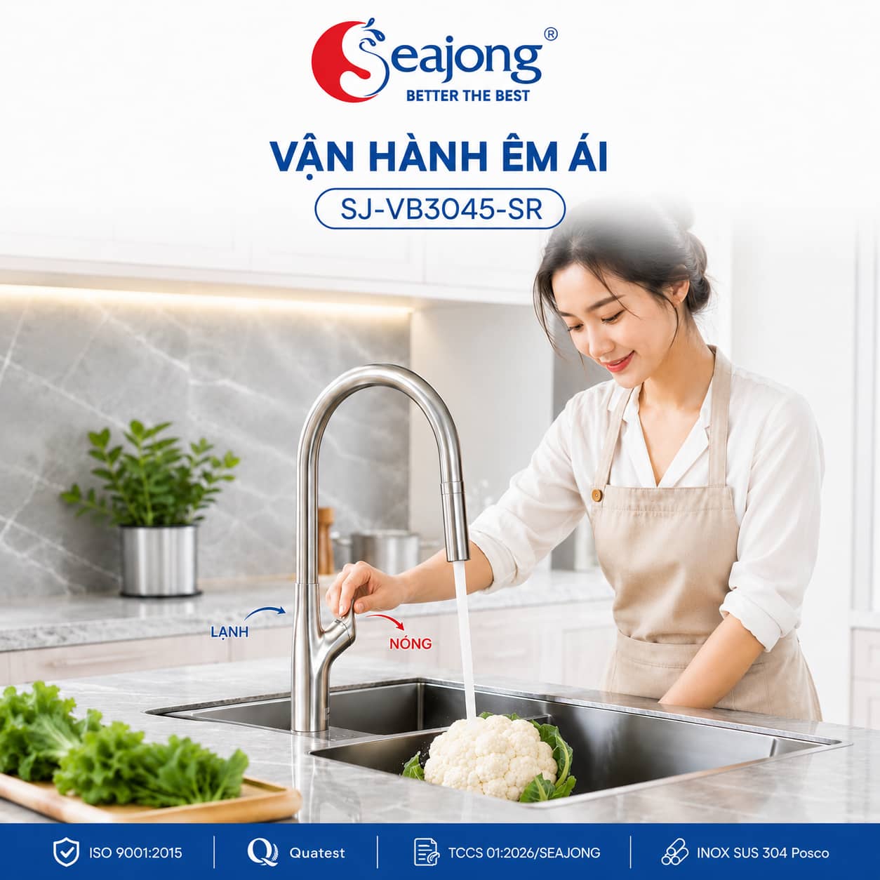 Vòi bếp dây rút Seajong SJ-VB3045-SR trong không gian bếp hiện đại