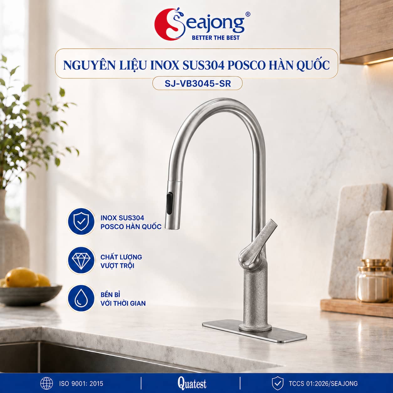 Inox SUS304 POSCO trên Vòi bếp dây rút Seajong SJ-VB3045-SR