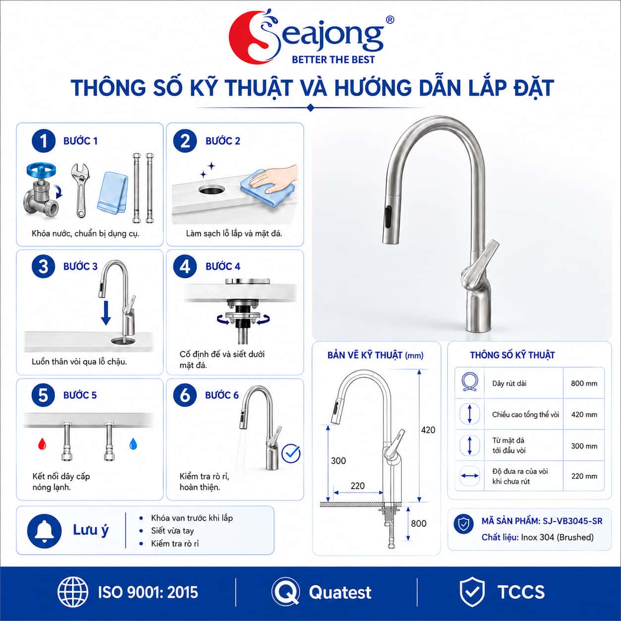 Thông số và hướng dẫn lắp đặt Vòi bếp dây rút Seajong SJ-VB3045-SR
