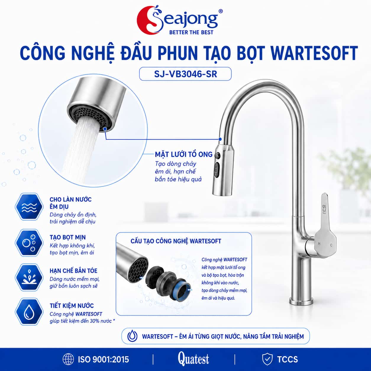 Công nghệ WaterSoft trên vòi bếp dây rút Seajong SJ-VB3046-SR
