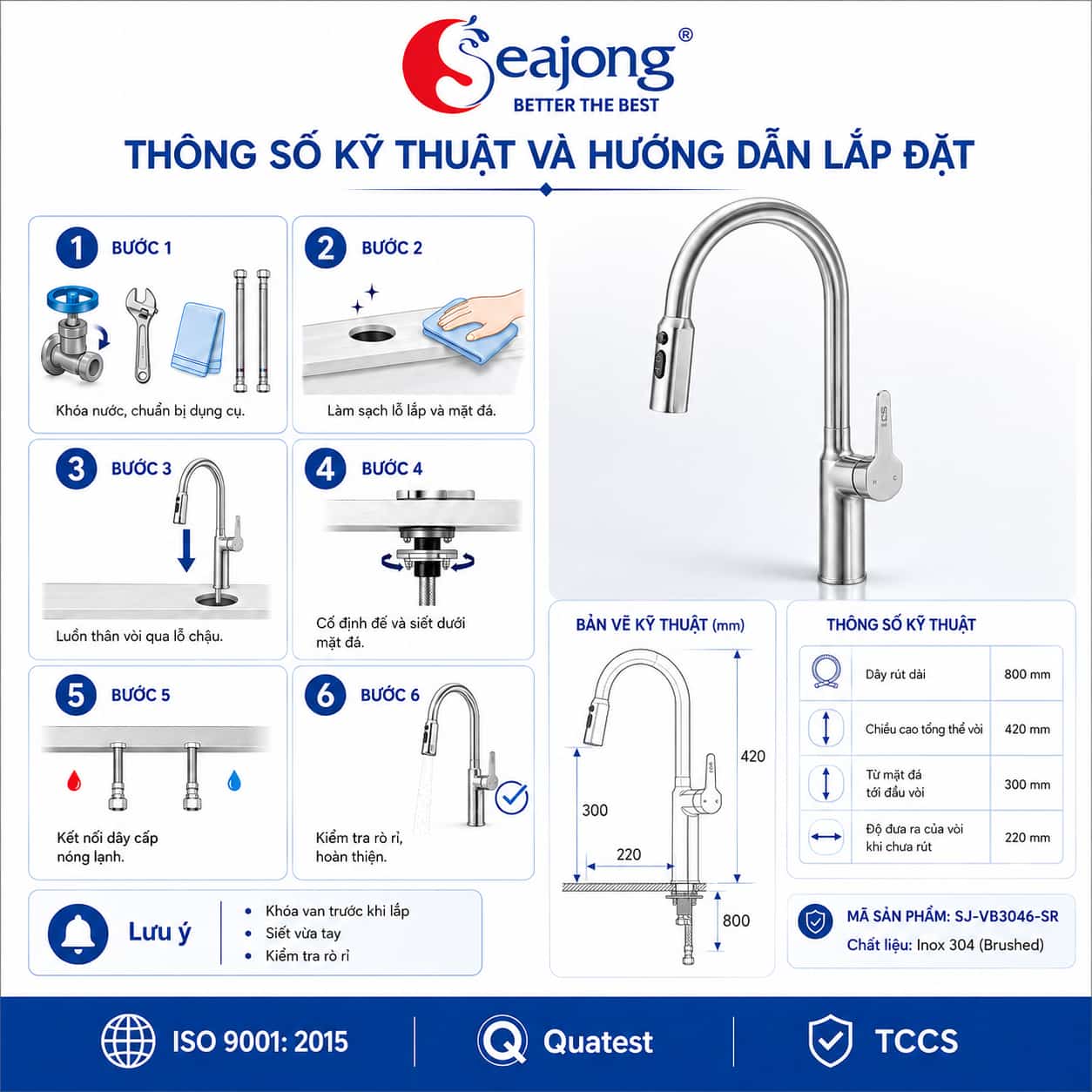Thông số kỹ thuật và hướng dẫn lắp đặt vòi bếp Seajong SJ-VB3046-SR