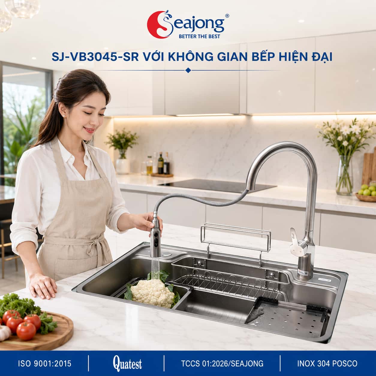 Vòi bếp dây rút Seajong SJ-VB3046-SR trong không gian bếp hiện đại