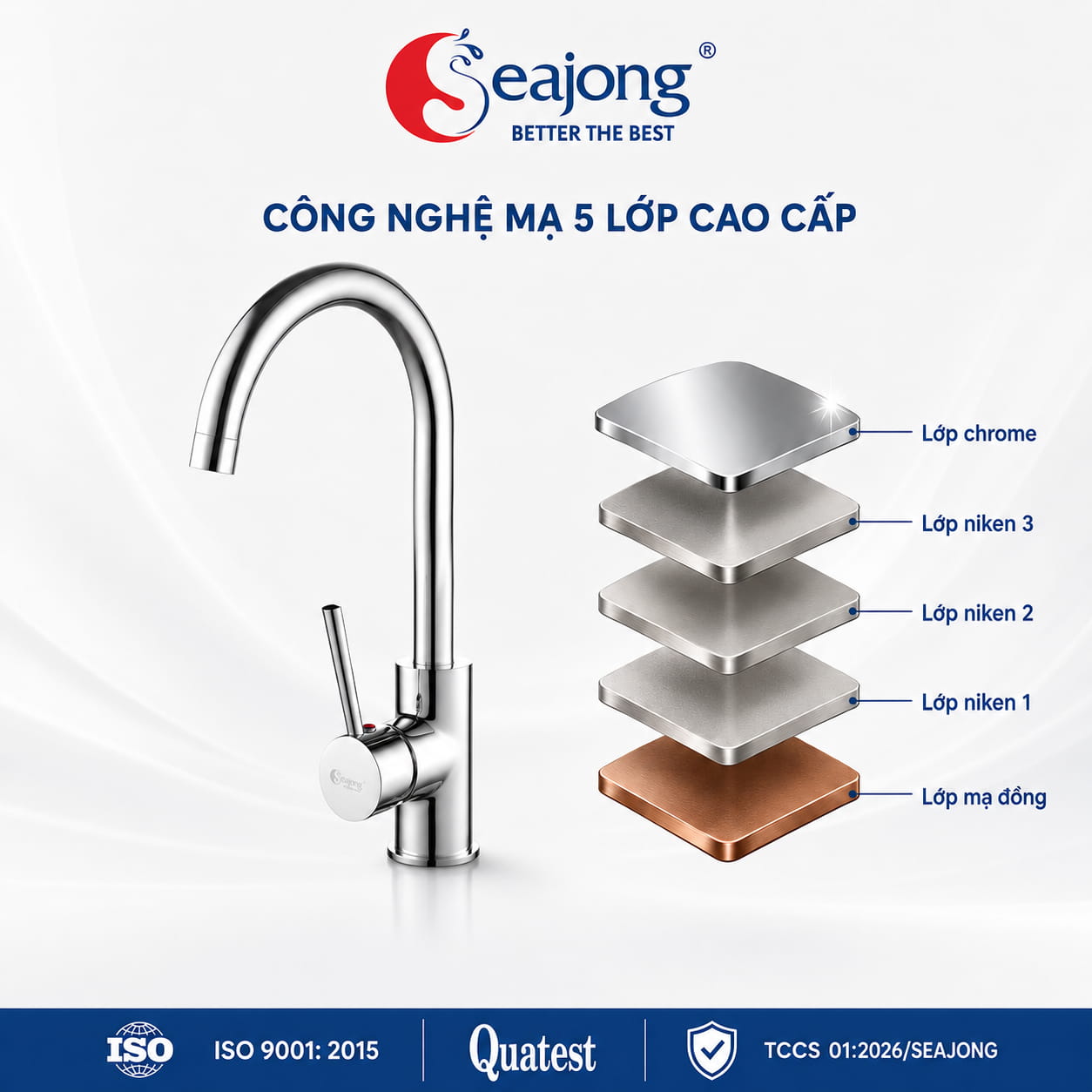 Công nghệ mạ Chrome 5 lớp Vòi bếp nóng lạnh Seajong SJ-VB013S-SR