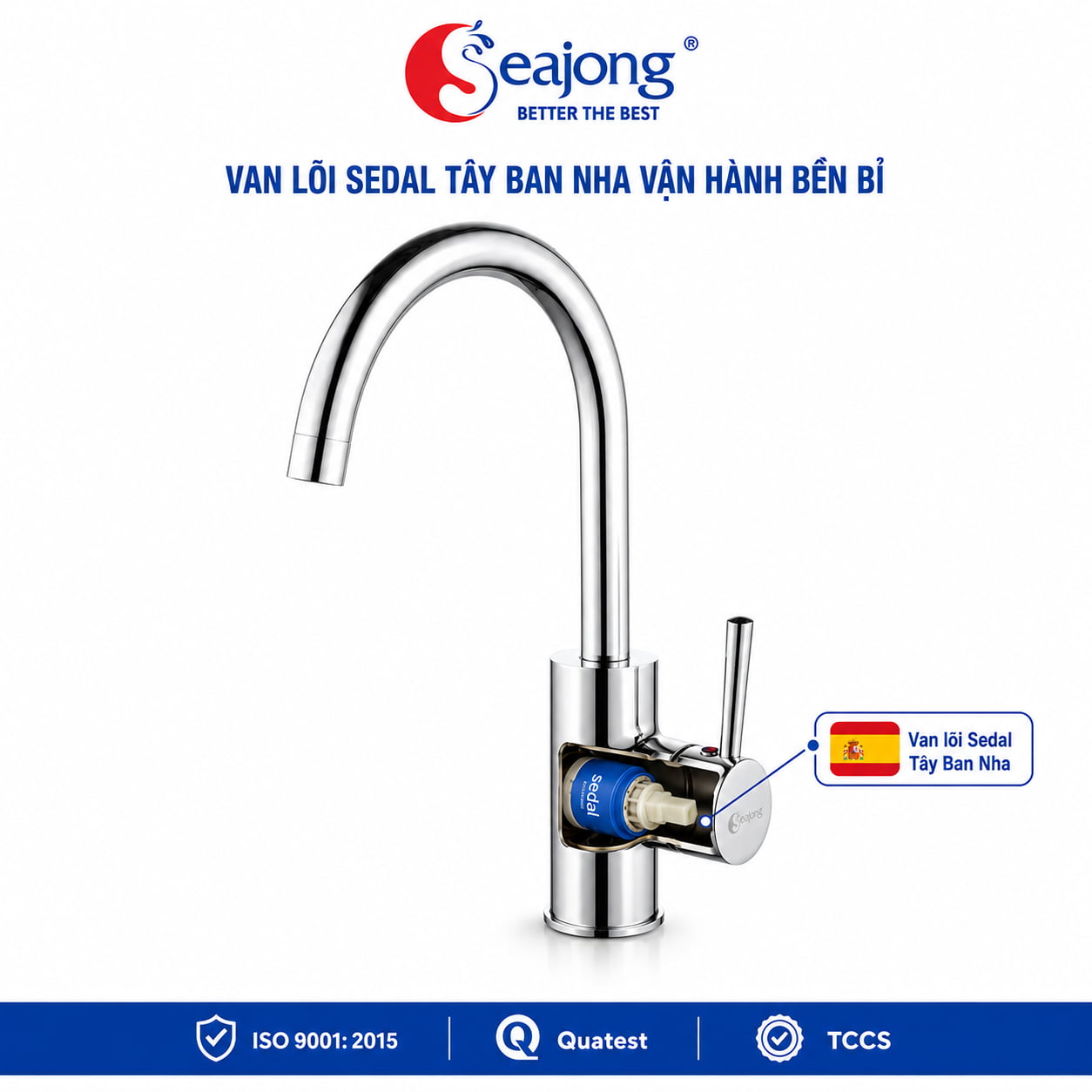Lõi van SEDAL Tây Ban Nha trên Vòi bếp nóng lạnh Seajong SJ-VB013S-SR