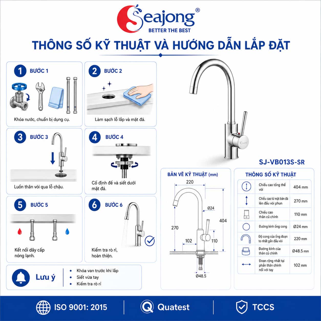 Thông số kỹ thuật và hướng dẫn lắp đặt Vòi bếp nóng lạnh Seajong SJ-VB013S-SR