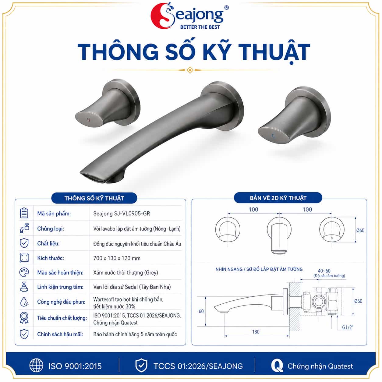 Bản vẽ kỹ thuật Vòi lavabo âm tường Seajong SJ-VL0905-GR