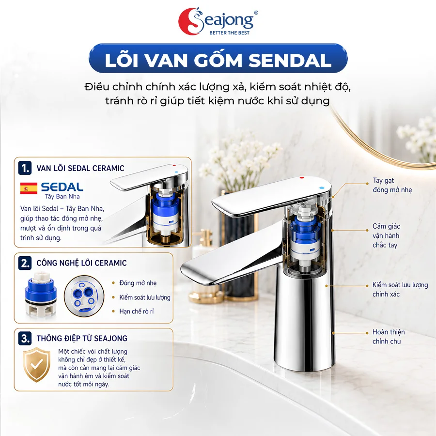 Lõi van gốm Sedal Tây Ban Nha của vòi lavabo Seajong SJ-VL7001B-SR