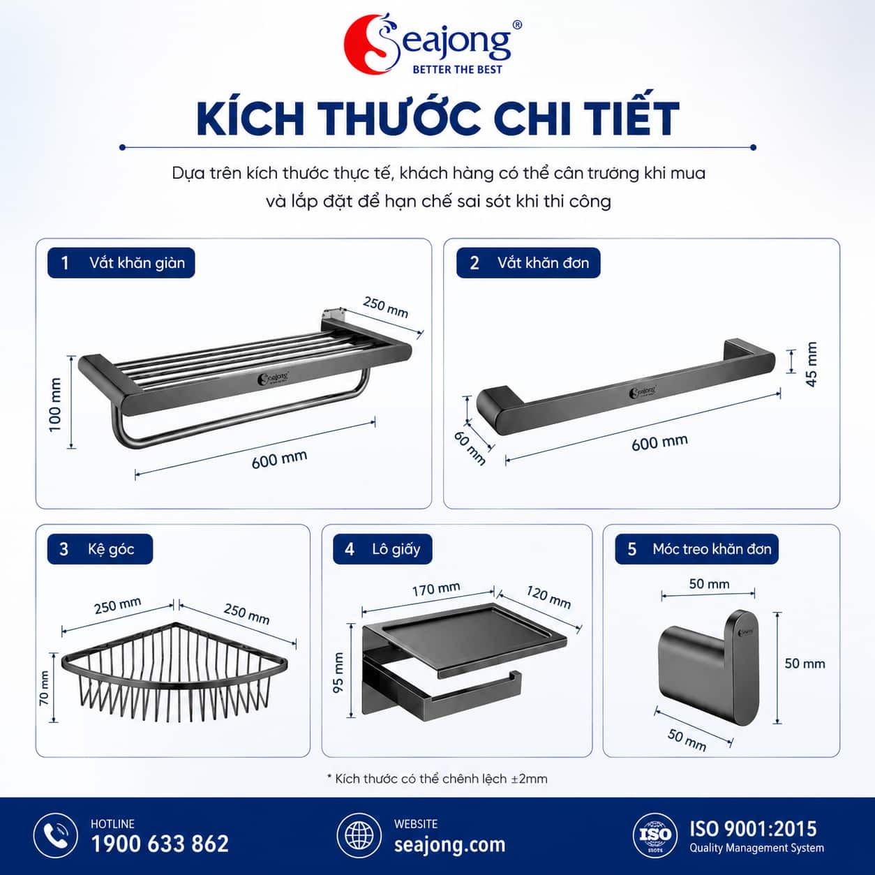 Kích thước Bộ phụ kiện 5 món mạ titan Seajong SJ-PK0666C-GR