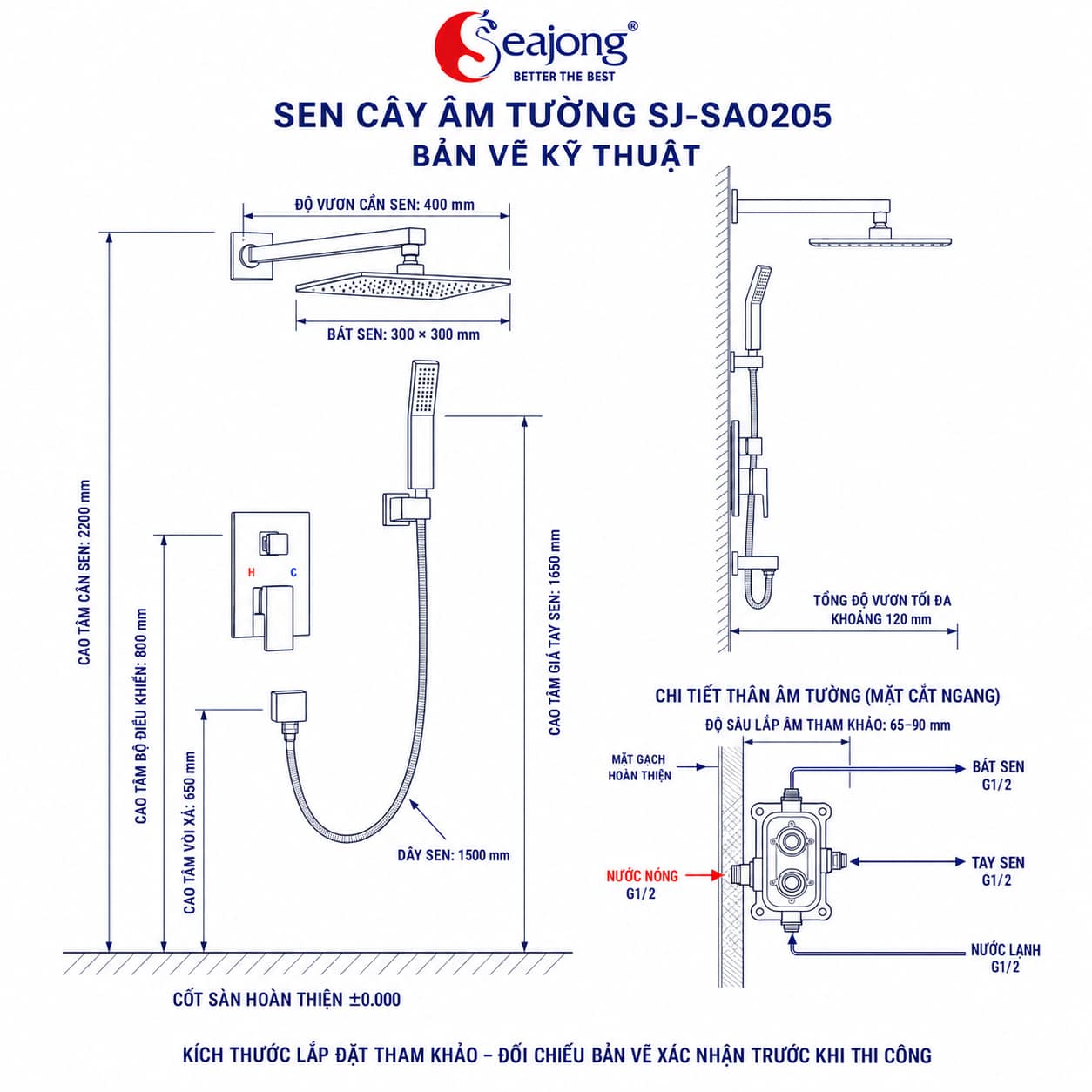 Hướng dẫn lắp đặt Sen âm tường Seajong SJ-SA0205-GR